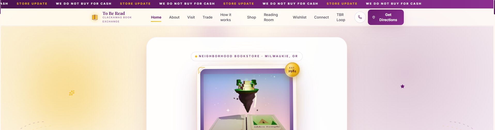 To Be Read bookstore homepage showing the hero section and navigation